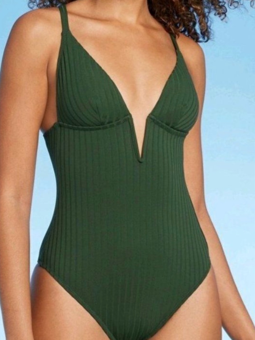 Target Olive Green Ribbed V-Plunge One-Piece Swimsuit